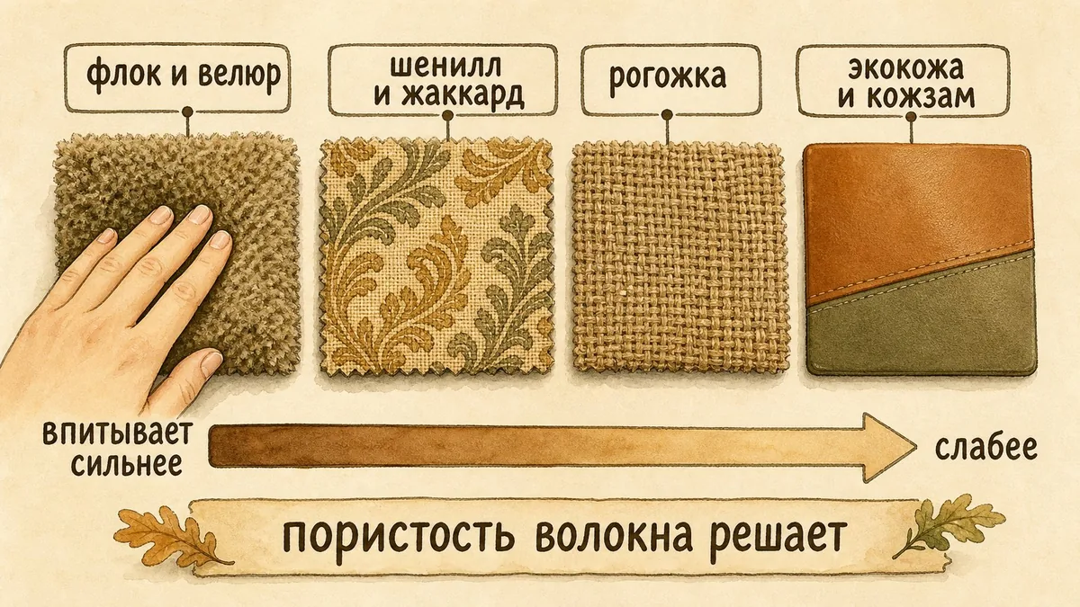 Четыре обивки по способности впитывать запах: натуральный шерстяной вельвет и лён быстро отдают загрязнения, хлопок и жаккард занимают середину, а синтетический флок и микрофибра удерживают запах дольше всего