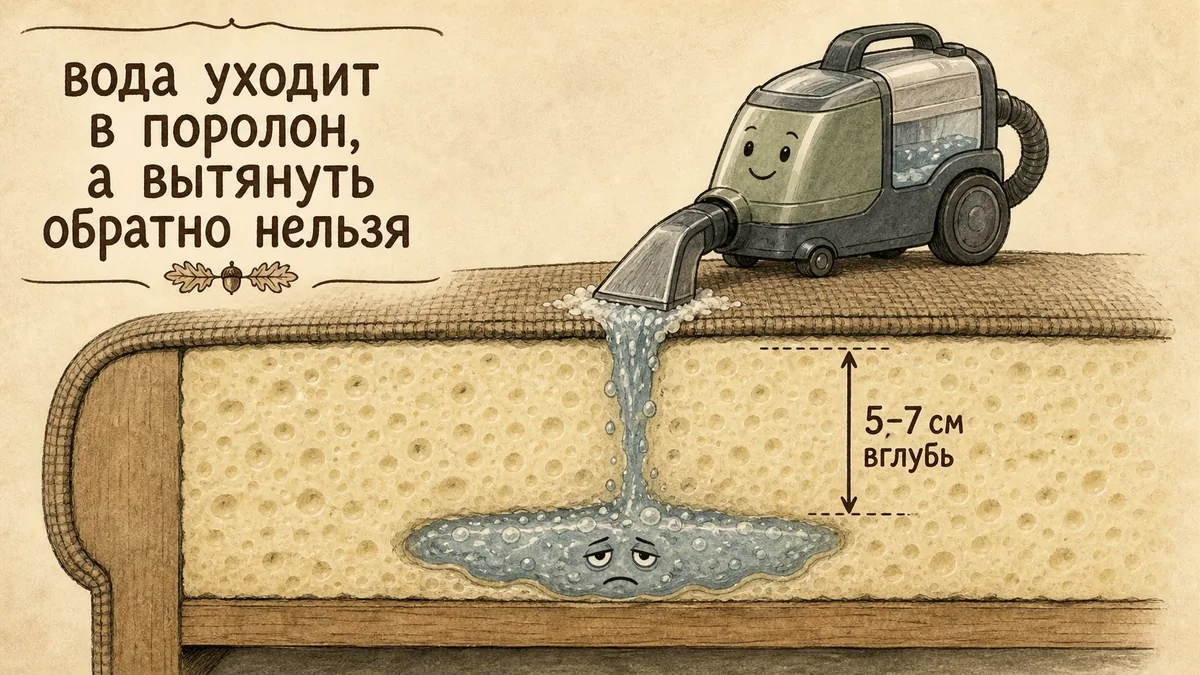 Разрез дивана: моющий пылесос на ткани, струя мыльной воды уходит на 5–7 см вглубь поролона, где остаётся запертой