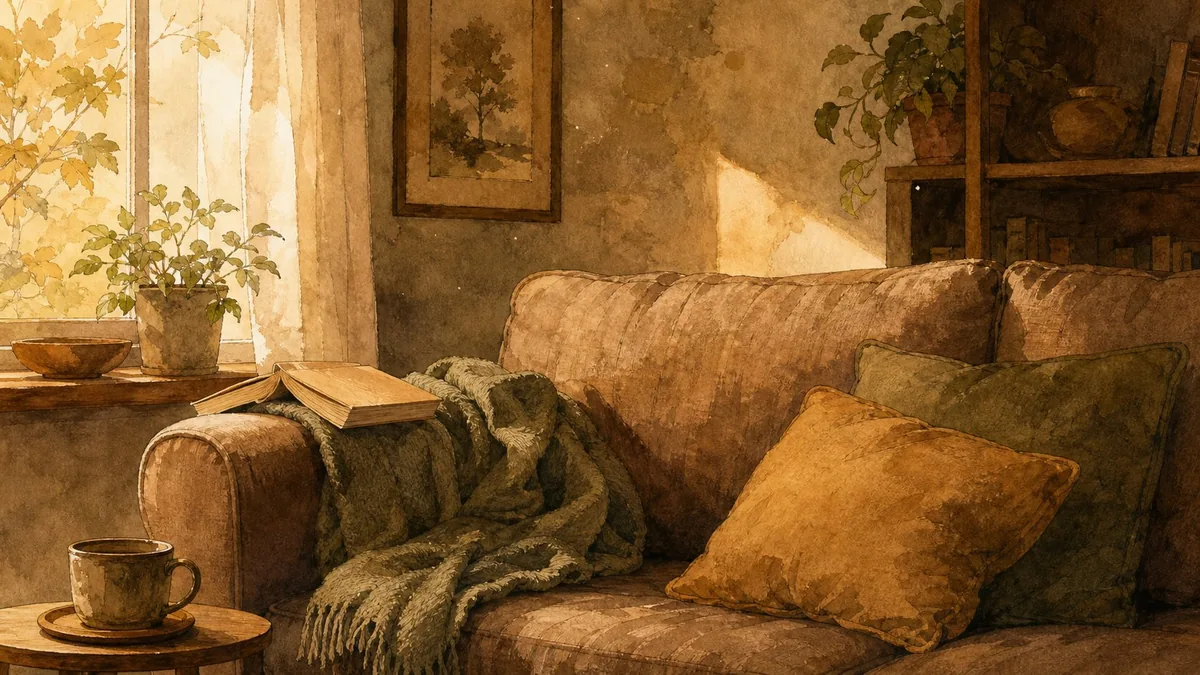 Уютная гостиная в тёплом свете: диван с пледом, открытой книгой на подлокотнике и чашкой на столике
