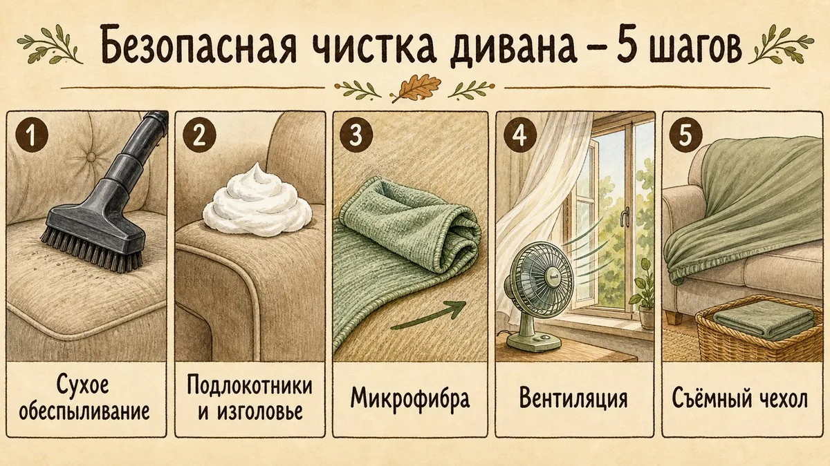 Пять шагов безопасной чистки дивана: сухое обеспыливание, пена на подлокотниках, микрофибра, вентиляция, съёмный чехол