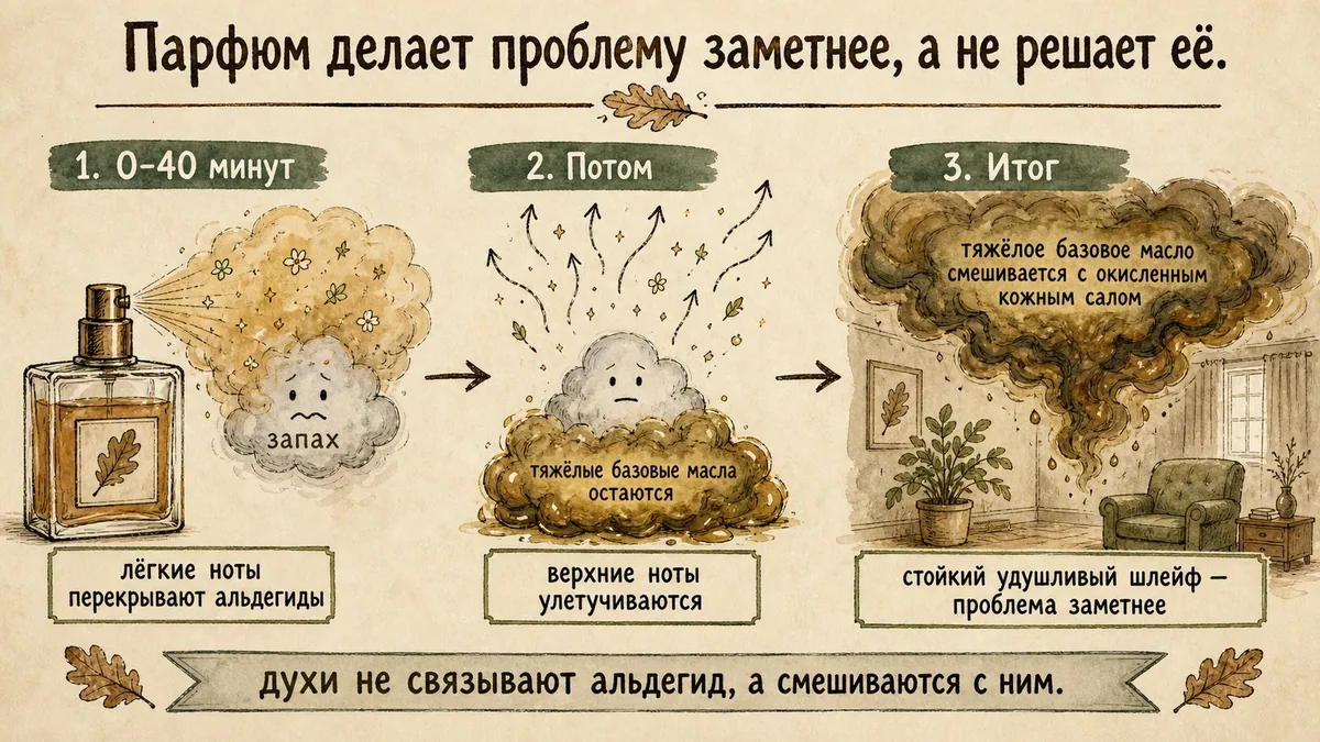 Таймлайн из трёх моментов: первые 30–40 минут лёгкие ноты перекрывают запах; затем верхние ноты улетучиваются; тяжёлые базовые масла смешиваются с окисленным себумом в стойкий шлейф
