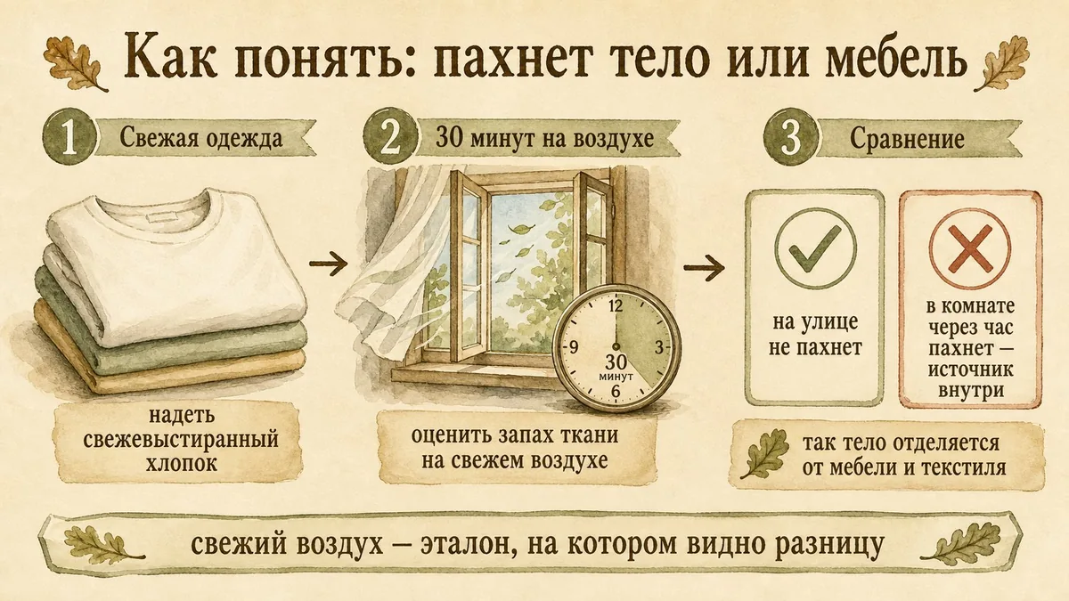 Три шага: сложенная свежевыстиранная хлопковая вещь, открытое окно с часами на 30 минут, две карточки вердикта — на улице не пахнет и в комнате через час пахнет, значит источник внутри