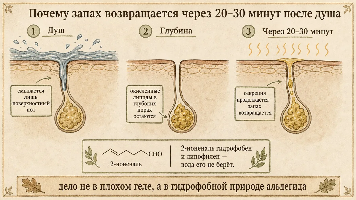 Схема из трёх моментов: душ смывает только поверхностный пот; в узком протоке с мешочком на дне остаются окислившиеся липиды; через 20–30 минут тело согревается и секреция снова выводит их на поверхность