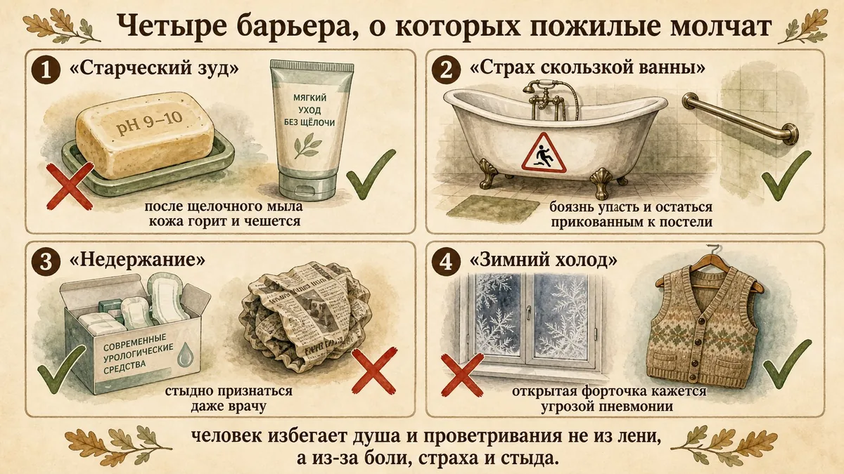 Четыре панели: щелочное мыло pH 9–10 под крестом и мягкое средство рядом; высокая чугунная ванна с предупреждением и поручень; коробка современных урологических средств и скомканная газета; замороженное окно и тёплый шерстяной жилет