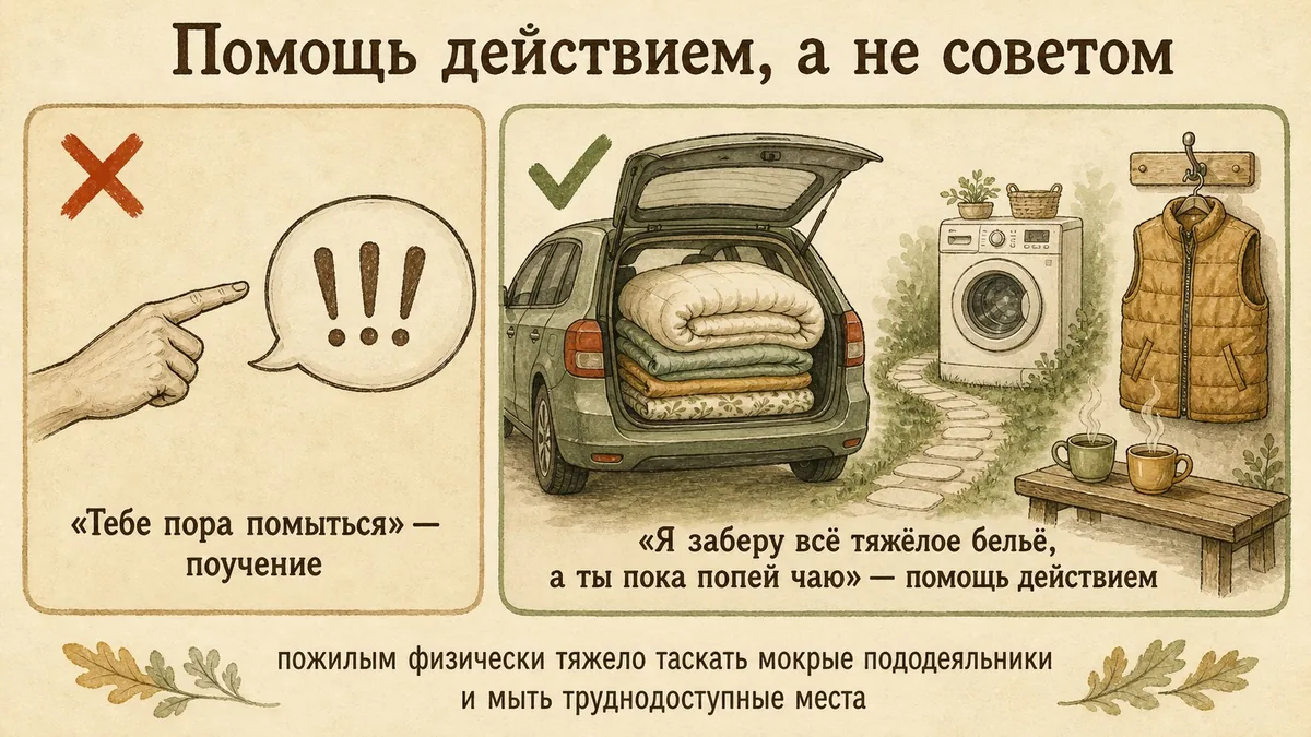 Слева указующий перст и реплика с восклицательными знаками под крестом, справа машина с открытым багажником, набитым одеялом и пледами, тропинка к стиральной машине, жилет на крючке и две чашки