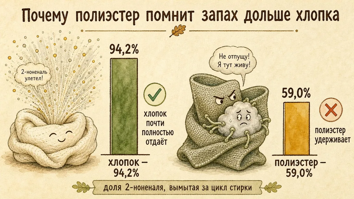 Слева хлопок отдаёт 94,2 процента 2-ноненаля за цикл стирки, справа полиэстер удерживает облачко запаха и отдаёт лишь 59,0 процентов