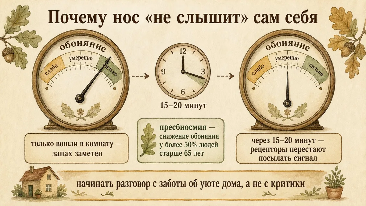 Круглый циферблат «обоняние»: слева стрелка высоко при входе в комнату, справа ушла вниз через 15–20 минут, между ними часы