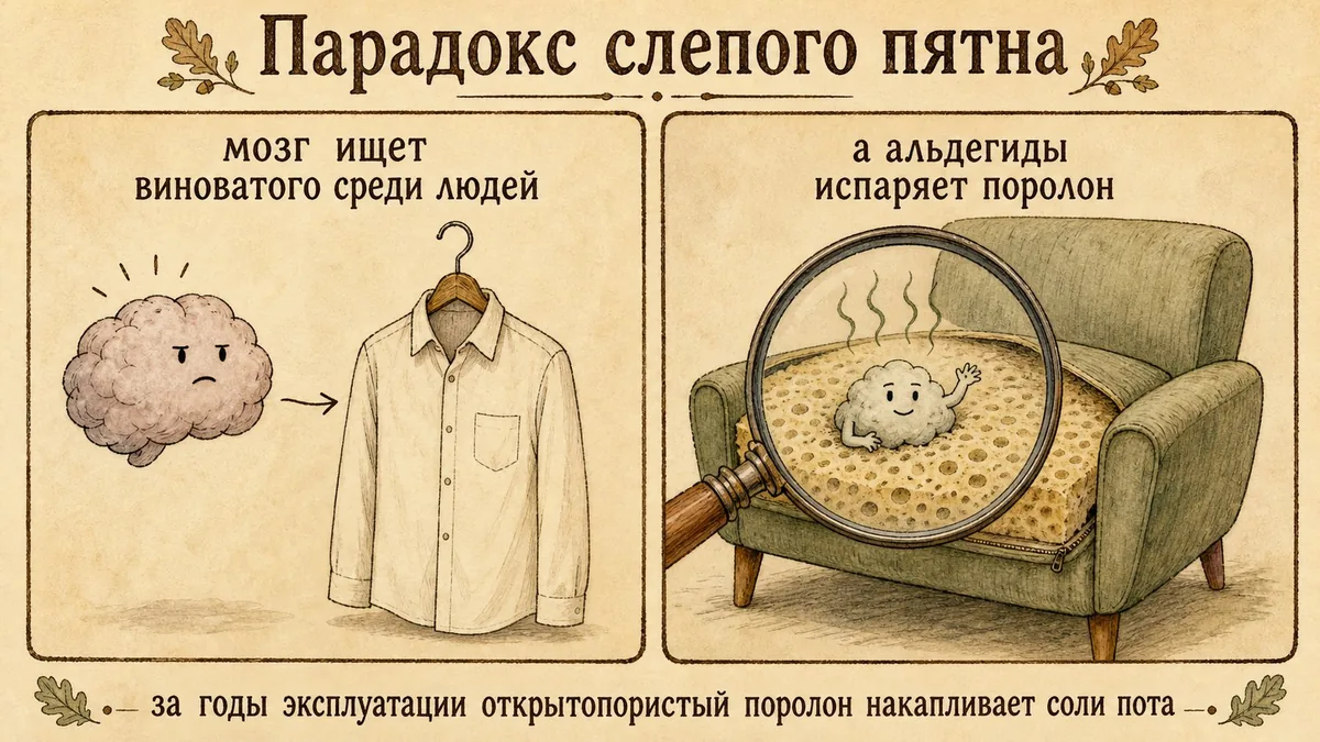 Мозг указывает стрелкой на рубашку на вешалке, а лупа раскрывает поролон кресла с сидящим внутри облачком запаха