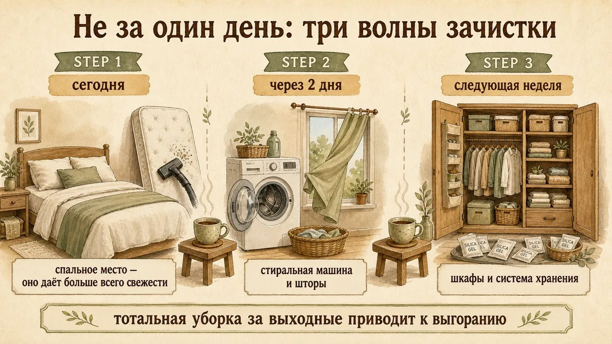Три шага по времени: сегодня заправленная постель и обеспыливаемый матрас, через два дня стиральная машина и снимаемая штора, на следующей неделе шкаф с пакетиками силикагеля, между шагами чашка чая