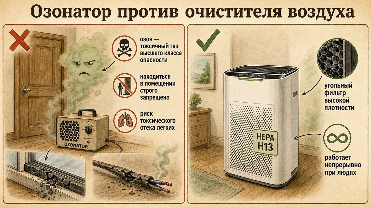 Слева озонатор в запертой комнате, осыпающийся резиновый уплотнитель окна и провод с разрушенной изоляцией, справа очиститель воздуха с угольным фильтром и табличкой HEPA H13