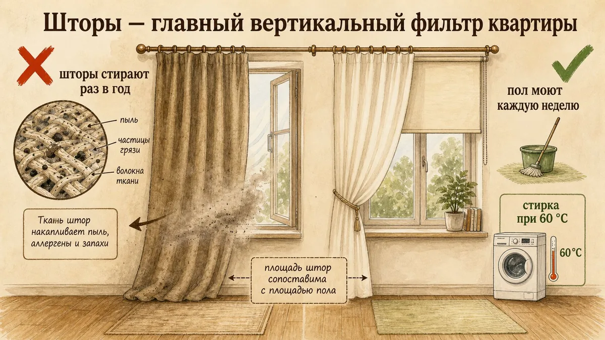 Слева запылённая штора с видимыми в разрезе частицами пыли и стрелкой шлейфа пыли при сквозняке, справа свежая лёгкая штора и хлопковое рулонное жалюзи