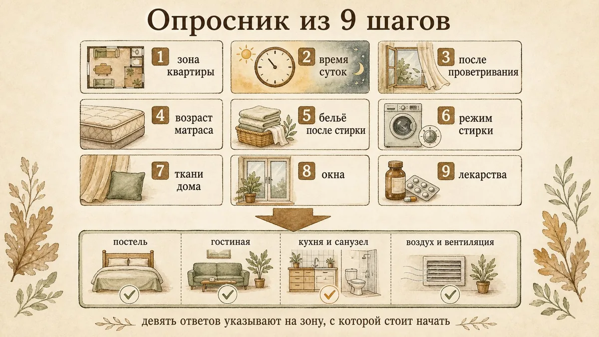 Девять пронумерованных плиток с короткими подписями и стрелка вниз к карточке результата с четырьмя зонами: постель, гостиная, кухня и санузел, воздух и вентиляция
