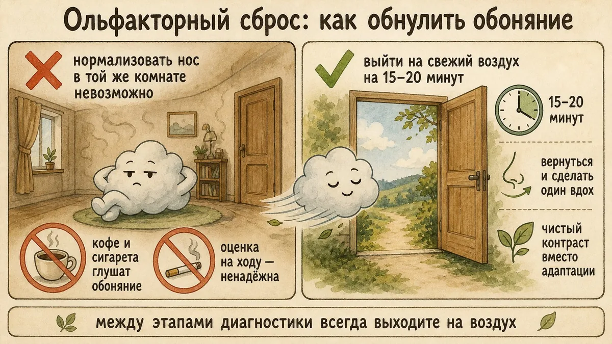 Слева запертая комната с облачком, чашка кофе и сигарета под запретом, справа открытая дверь на улицу с часами на 15–20 минут и стрелкой сквозняка под галочкой