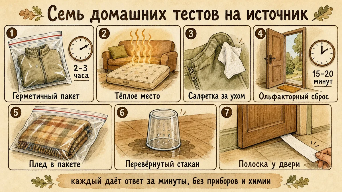 Семь маленьких панелей: вещь в зиплоке на два-три часа, тёплое место на диване и матрасе, салфетка за ухом, открытая дверь на улицу с часами на 15–20 минут, плед в пакете, перевёрнутый стакан на полу, полоска бумаги в двери