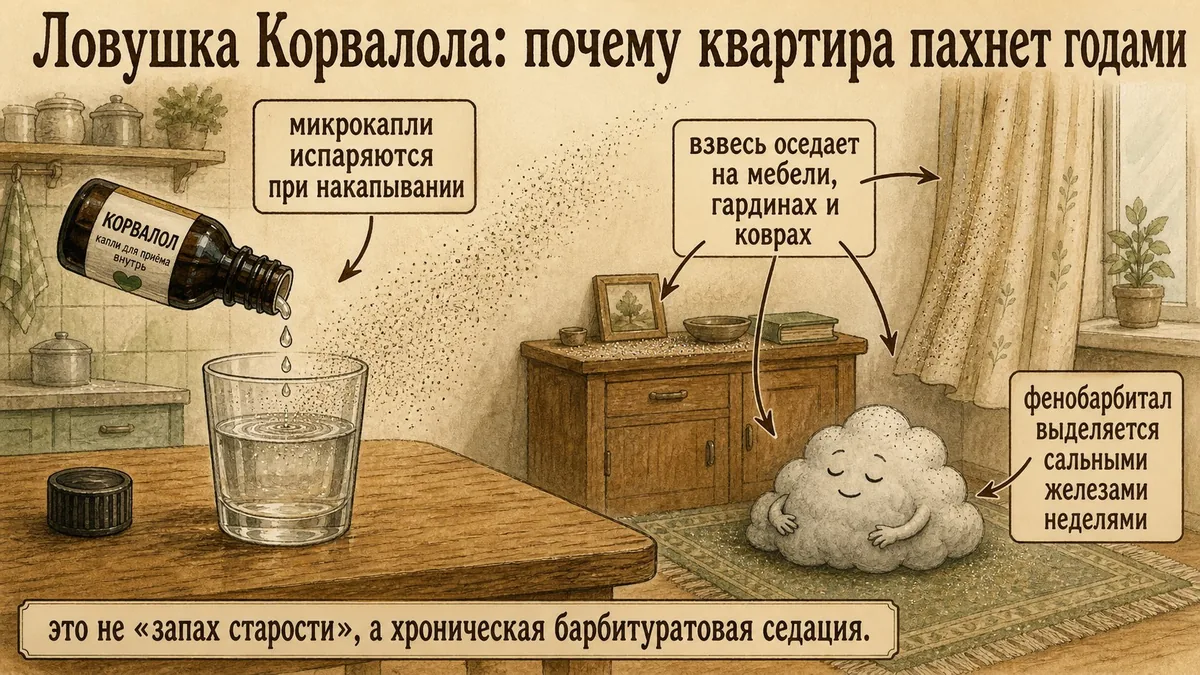 Бутылочек с каплями наливается в рюмку, микрокапли поднимаются в воздух и оседают пылью на мебели, шторе и ковре, где сидит облачко
