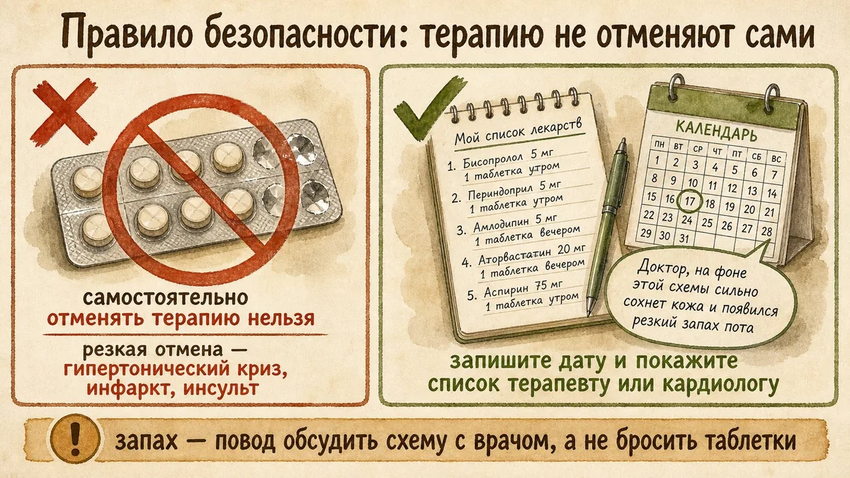 Слева блистер с таблетками под знаком запрета, спраза список лекарств и календарь с отмеченной датой и репликой врачу