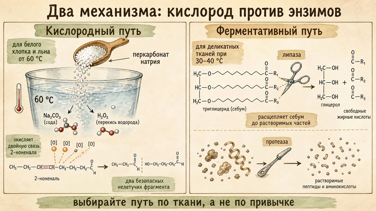 Слева перкарбонат натрия растворяется в воде при 60 градусах и атомарный кислород рвёт двойную связь молекулы 2-ноненаля, справа липаза как ножницы расщепляет себум, а протеаза растворяет белки