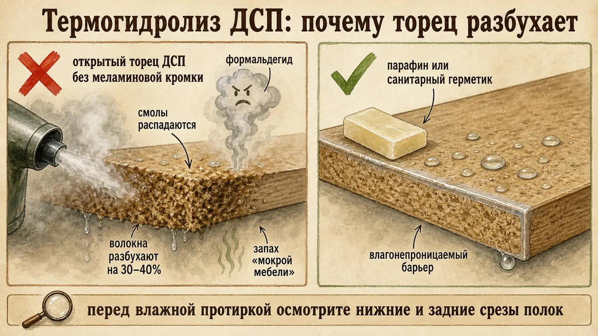Слева открытый торец ДСП разбухает от тёплой воды и выделяет формальдегид под крестом, справа тот же торец замазан парафином и герметиком под галочкой