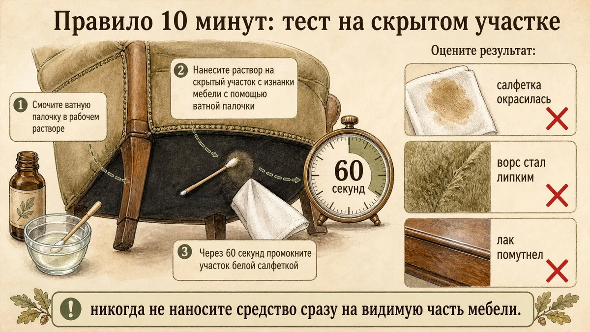 Ватная палока прижата к скрытой части обивки кресла, рядом часы на 60 секунд и белая салфетка, тремя карточками показаны признаки отказа: окрасилась салфетка, липкий ворс, помутневший лак