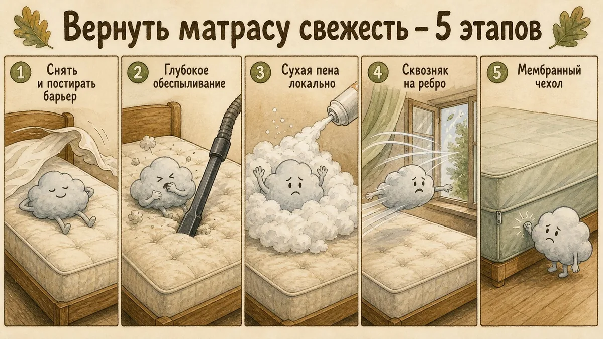 Пять этапов: снять и постирать барьер, глубокое обеспыливание, локальная чистка сухой пеной, сквозняк на ребре, мембранный защитный чехол