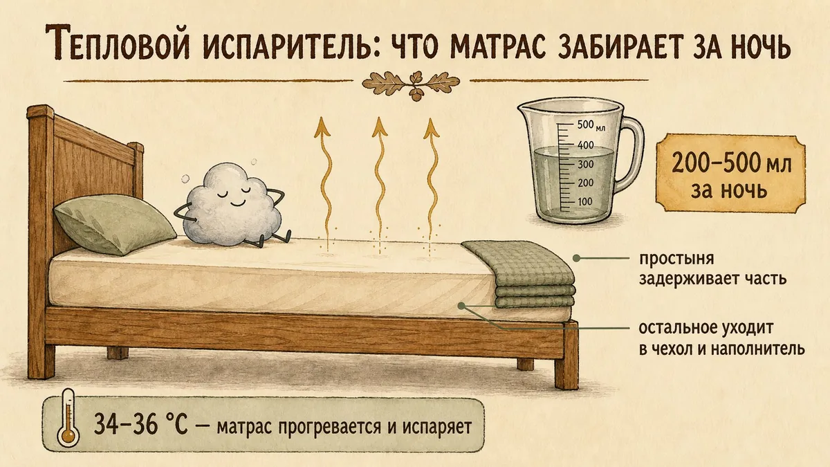 Кровать сбоку с тремя волнами пара, поднимающимися от матраса, мерный кувшин и полоска 200–500 мл за ночь, облачко сидит на тёплом матрасе