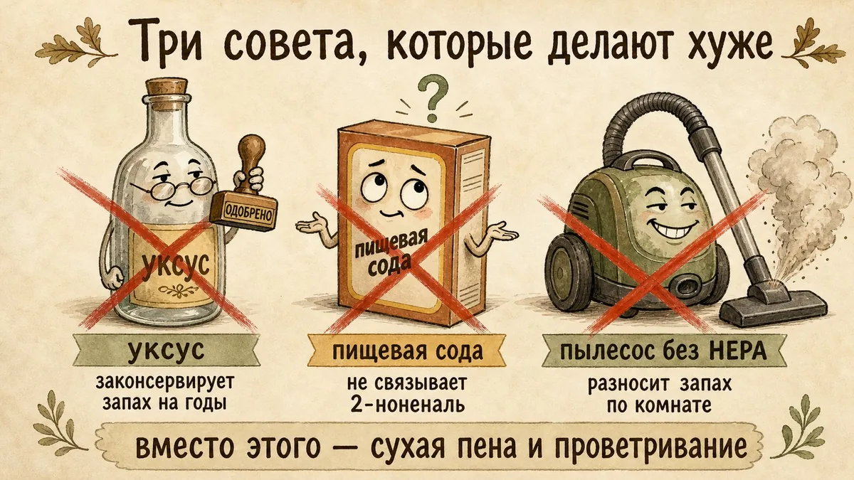 Три совета, которые делают хуже: уксусная эссенция со штампом, коробка пищевой соды с вопросительным знаком и пылесос без HEPA, выпускающий пыль обратно в комнату
