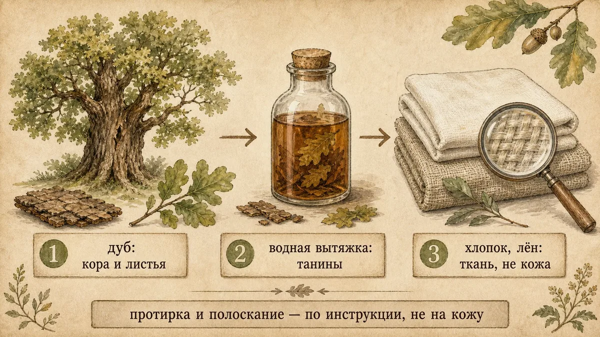 Схема из трёх шагов: дуб с корой и листьями, бутылёк с водной вытяжкой, сложенные хлопок и лён под лупой
