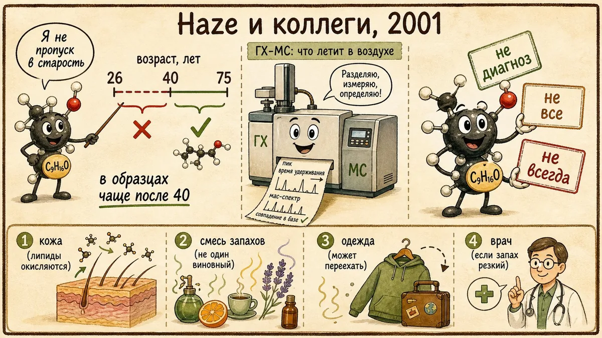 Плакат «Haze и коллеги, 2001»: линейка возрастов 26-40-75, прибор ГХ-МС и три карточки — не диагноз, не все, не всегда