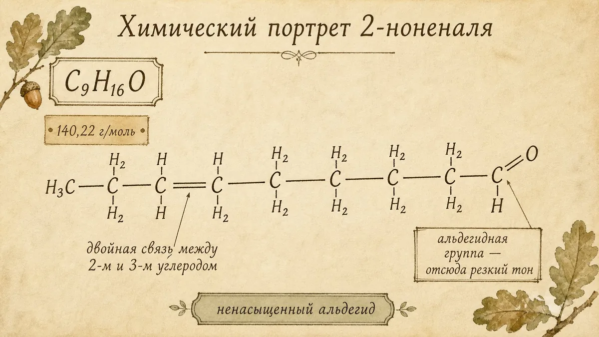 Структурная формула 2-ноненаля: цепочка из девяти углеродов с альдегидной группой на конце, двойная связь между вторым и третьим атомами углерода; формула C9H16O, молекулярная масса около 140,22 г/моль