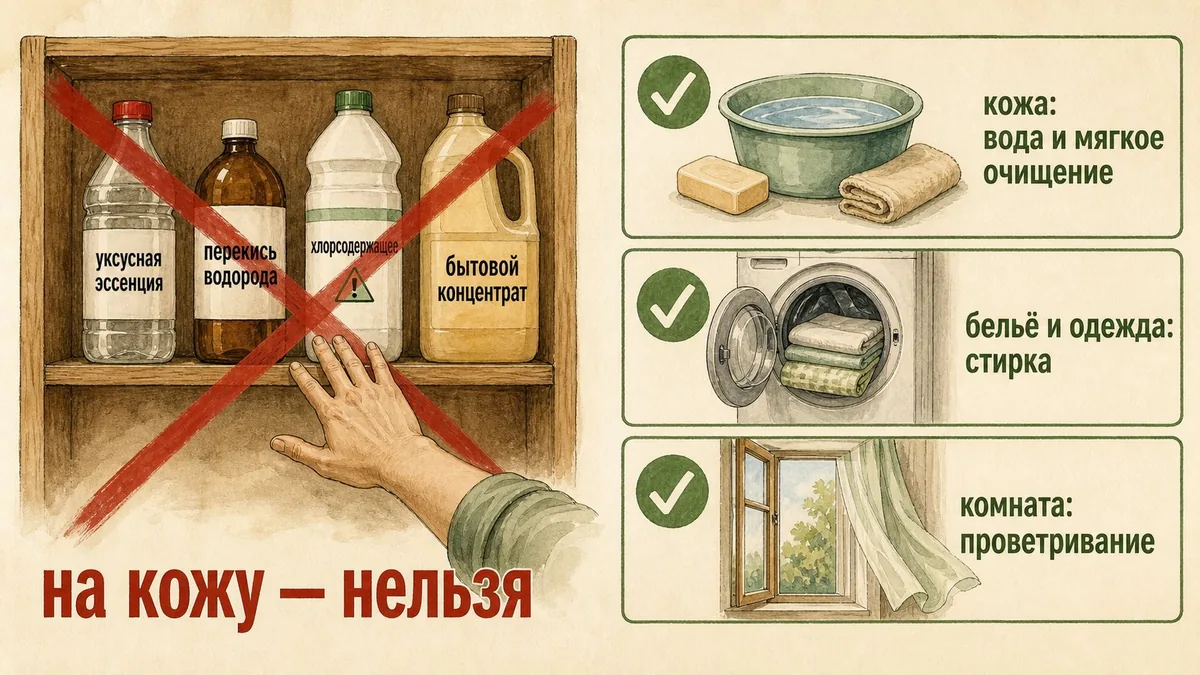 Слева полка с уксусной эссенцией, перекисью водорода, хлорсодержащим и бытовым концентратом под красным крестом; справа три карточки: кожа — вода и мягкое очищение, бельё и одежда — стирка, комната — проветривание