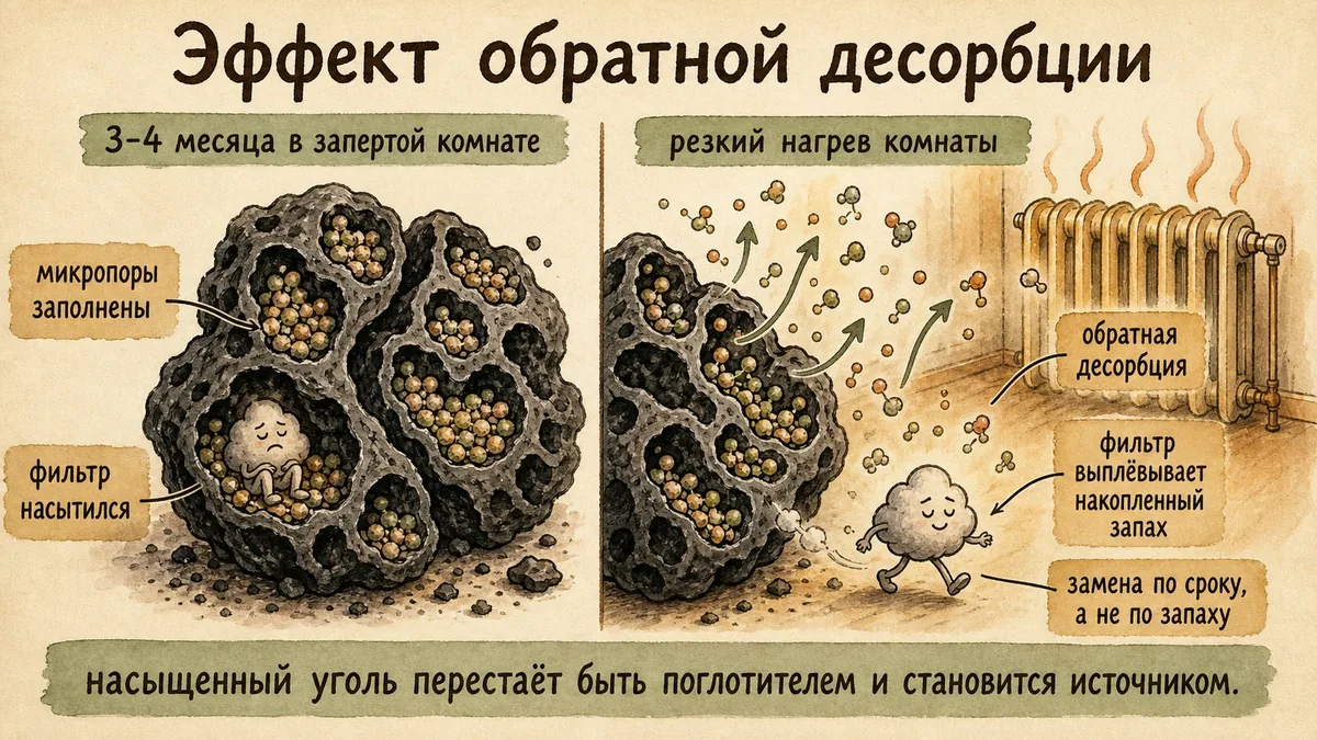 Слева гранулы угля со всеми заполненными порами и уставшим облачком внутри, справа радиатор нагревает комнату и облачко выходит из поры обратно в воздух