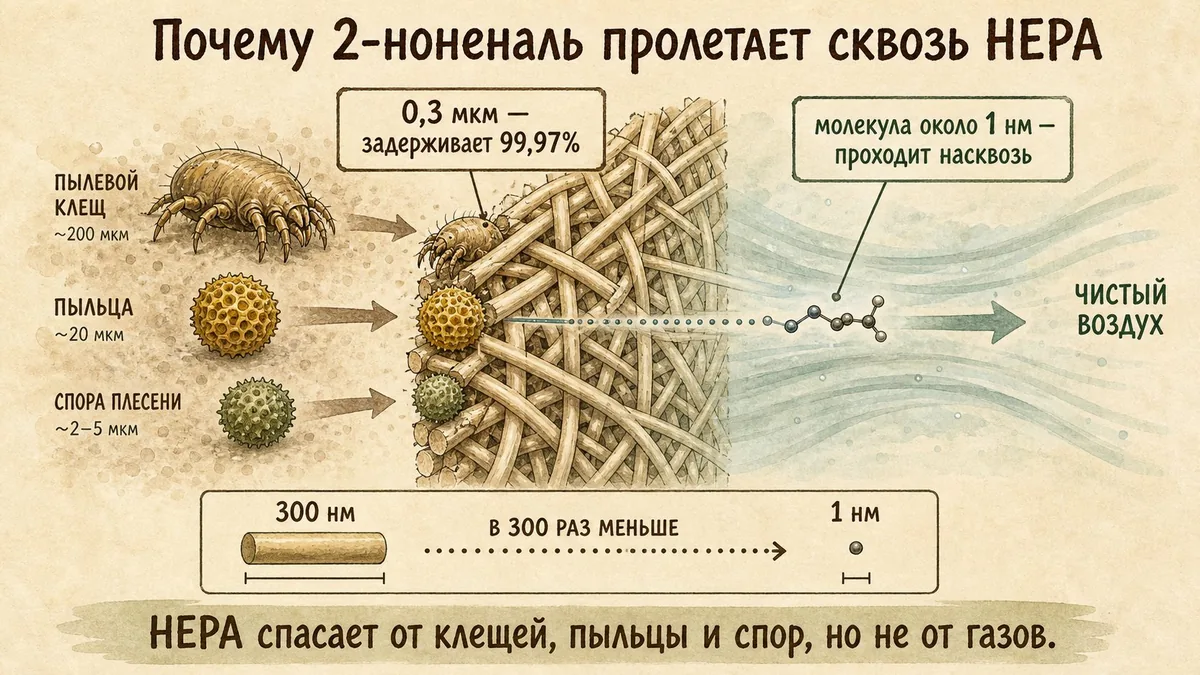 Фильтр HEPA H13 останавливает клеща, пыльцу и спору размером 0,3 микрона, а молекула 2-ноненаля около одного нанометра проходит сквозь переплетение насквозь