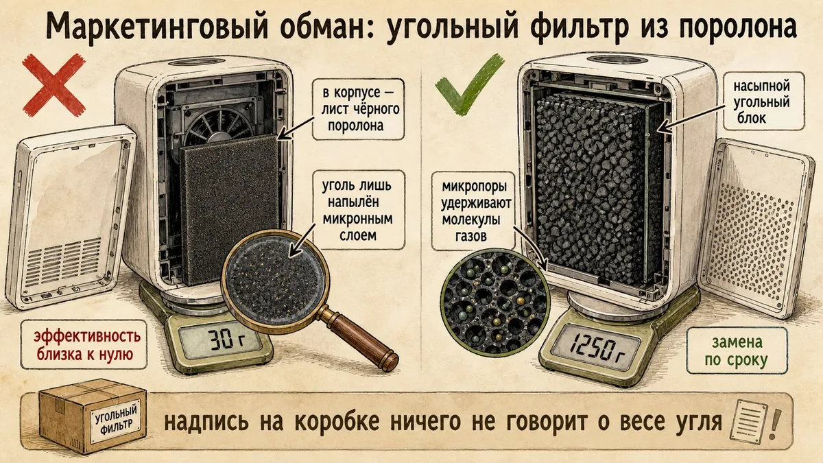 Слева открытый корпус дешёвого очистителя с листом чёрного поролона и весами на 30 грамм под крестом, справа тяжёлый насыпной угольный блок под галочкой