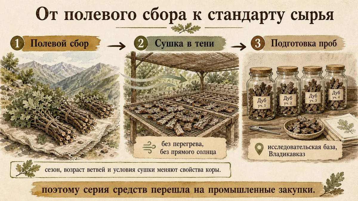 Три стадии: связки молодых дубовых ветвей после сбора, кора сушится на настиле под теневым навесом с движением воздуха, затем маленькие подписанные банки с сухой корой на лабораторном столе