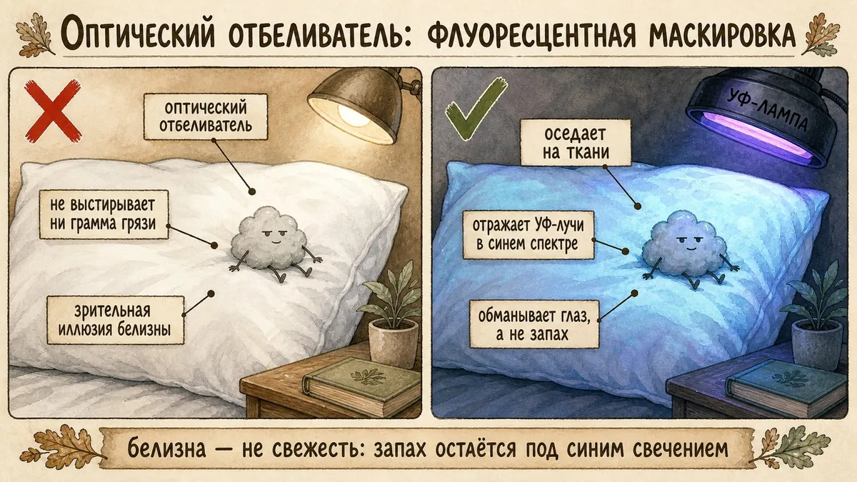 Слева белая наволочка выглядит яркой при обычном свете, а на ткани сидит облачко, справа та же наволочка под ультрафиолетовой лампой светится синим