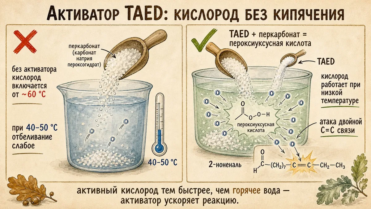 Слева перкарбонат в прохладной воде даёт мало кислорода под крестом, справа перкарбонат с TAED образует пероксиуксусную кислоту и поток кислорода рвёт двойную связь 2-ноненаля под галочкой
