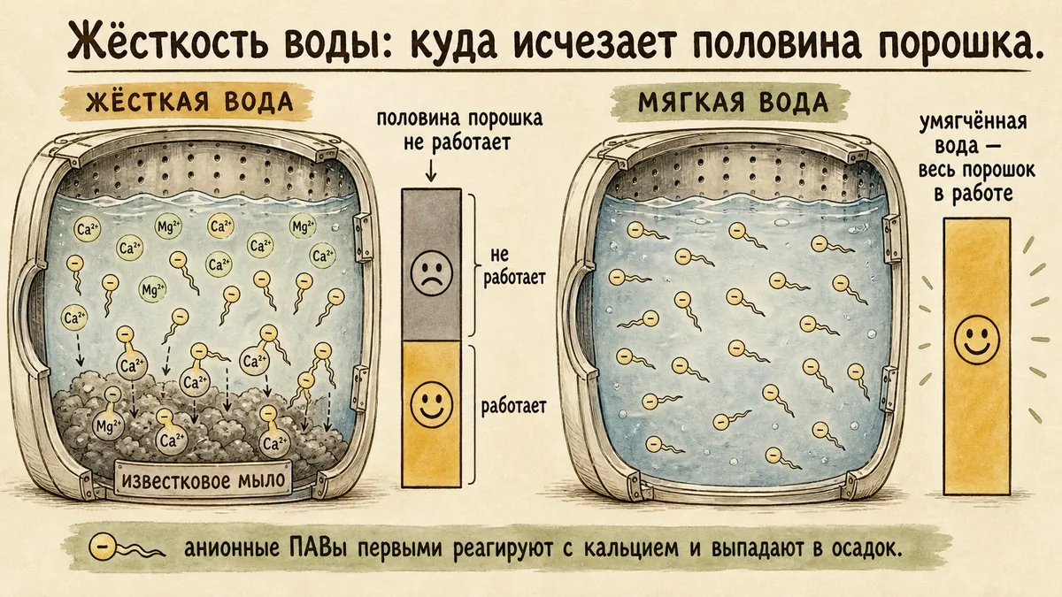В разрезе барабана ионы кальция и магния хватают молекулы ПАВ и утаскивают их в серый осадок известкового мыла, рядом тот же барабан с умягчённой водой, где все ПАВ свободны