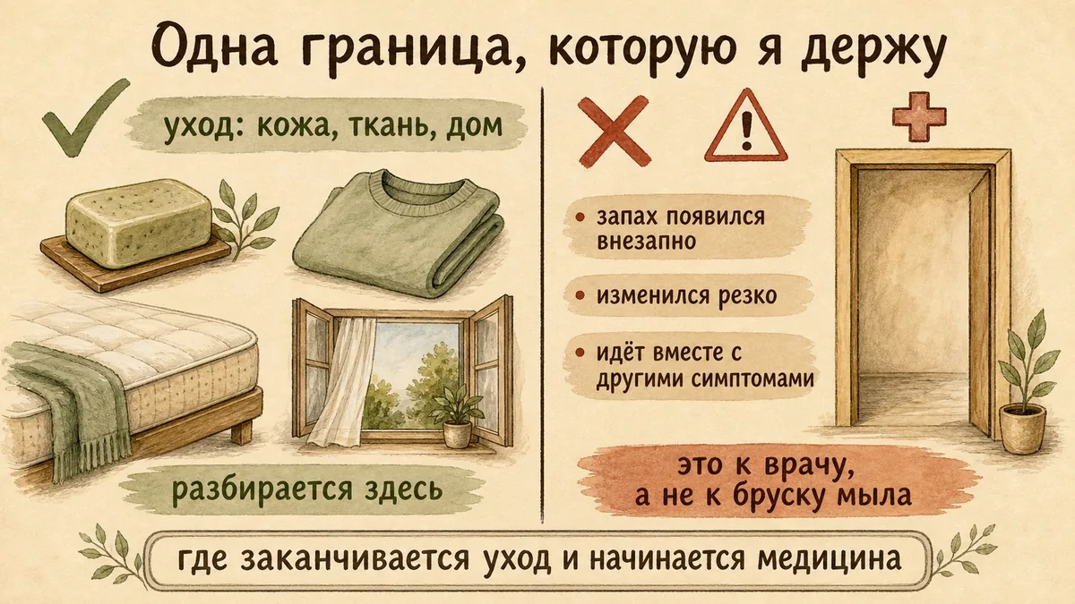 Страница разделена линией: слева брусок синтета, сложенная вещь, край матраса и открытое окно с пометкой уход, справа пустой дверной проём с медицинским крестом и пометками про внезапный запах, резкое изменение и другие симптомы