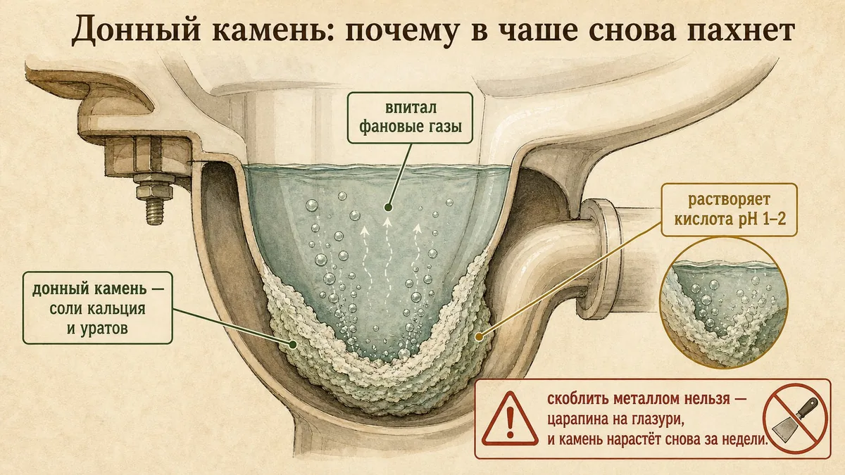 Разрез колена унитаза под водой со слоистым налётом солей кальция и уратов и поднимающимися пузырьками фановых газов
