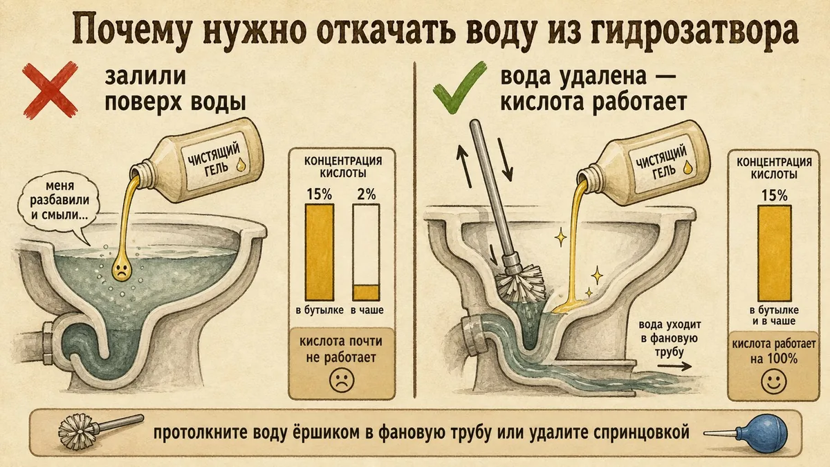 Слева гель залит в чашу со стоящей водой и концентрация падает с 15 % до 2 %, справа вода удалена ёршиком и гель идёт в сухой изгиб с концентрацией 15 %