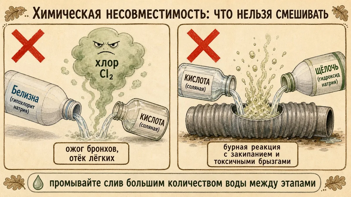 Слева «Белизна» и кислота дают газообразный хлор, справа кислота и щёлочь в одной гофре вызывают закипание и токсичные брызги