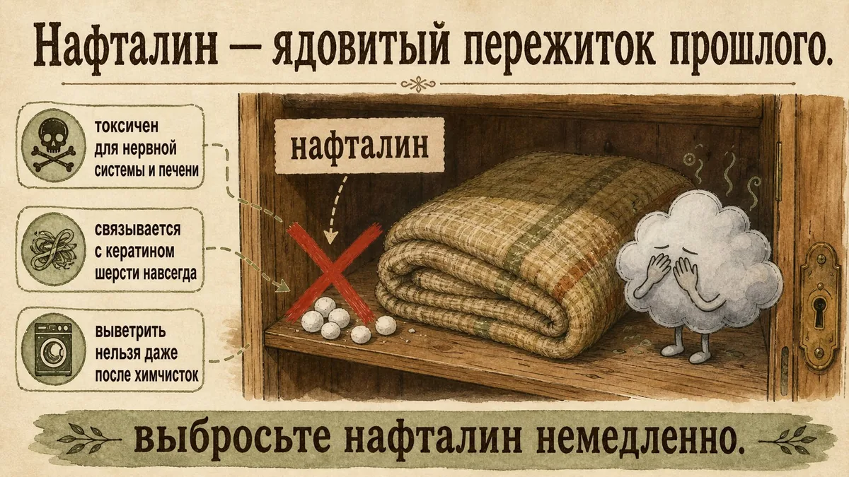 Полка старого шкафа с нафталиновыми шариками под красным крестом, сложенное шерстяное одеяло и облачко, закрывающее лицо ручками