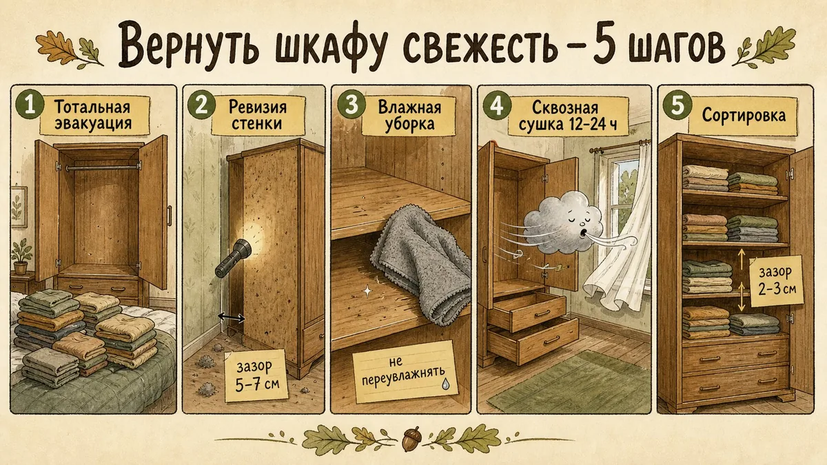 Пять шагов: тотальная эвакуация вещей, ревизия задней стенки с фонариком и зазором 5–7 см, влажная уборка без переувлажнения, сквозная сушка при открытых дверцах, сортировка с зазором 2–3 см