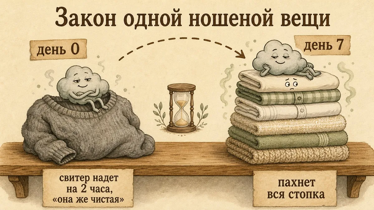 Слева свитер, надетый на два часа, на котором сидит облачко запаха; справа через неделю чистая стопка белья с испуганным лицом и тем же облачком наверху