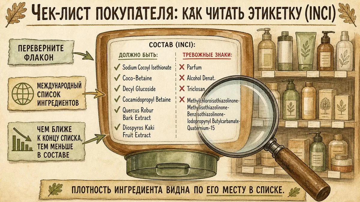 Перевёрнутый флакон со списком ингредиентов INCI, обязательные ингредиенты отмечены галочками, тревожные знаки — крестами, над этикеткой лупа