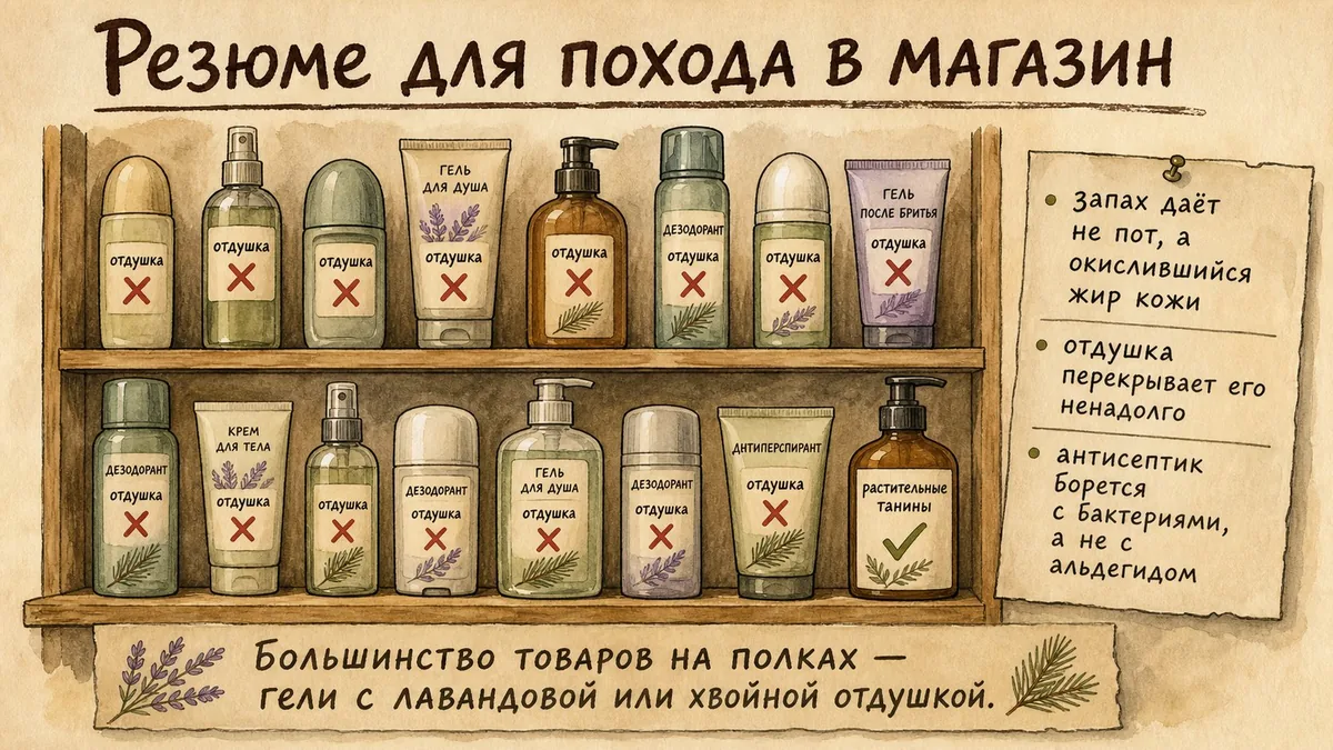 Полка магазина с бутылками и гелями, большинство с пометкой отдушка под крестом, одна бутылка с растительными танинами под галочкой