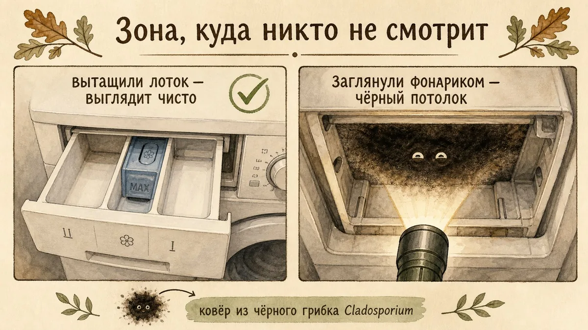 Вынутый лоток выглядит чистым, но в нише под ним фонарик освещает тёмный налёт с двумя довольными глазами на потолке ниши