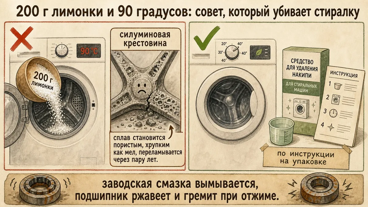 Слева лимонная кислота засыпана в барабан при 90 градусах и пористая силалиновая крестовина с трещиной, справа умеренный режим и средство по инструкции