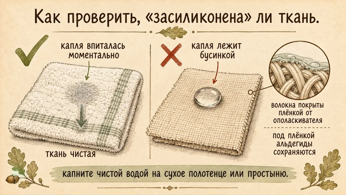 Слева капля воды мгновенно впитывается в хлопковое полотенце под галочкой, справа та же капля лежит бусинкой на ткани с гидрофобной плёнкой под крестом