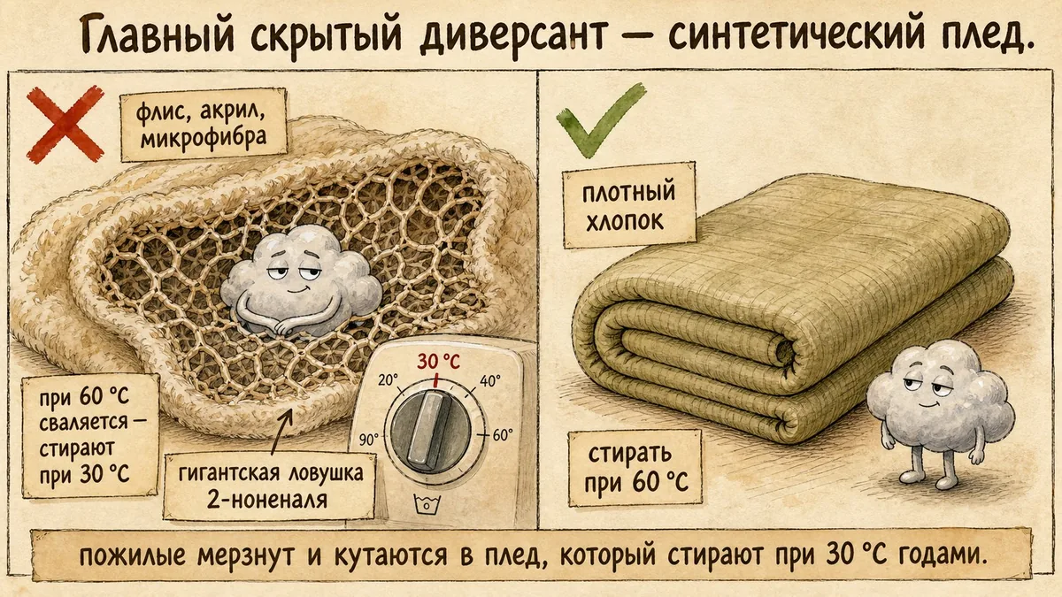 Слева флисовый плед как сеть с облачком внутри и барабан на 30 градусах под крестом, справа плотный хлопковый плед и облачко осталось снаружи под галочкой